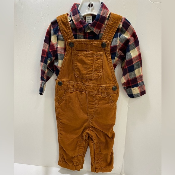 LIKE NEW✨OLD NAVY 6-12M👖2- PEICE overall and shirt/flannel✨🤎 - Picture 3 of 8
